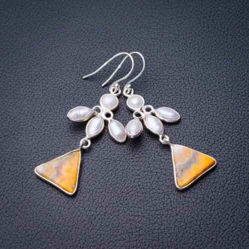 StarGems Natural Bumble Bee Jasper And River Pearl Handmade 925 Sterling Silver Earrings 2" D7630