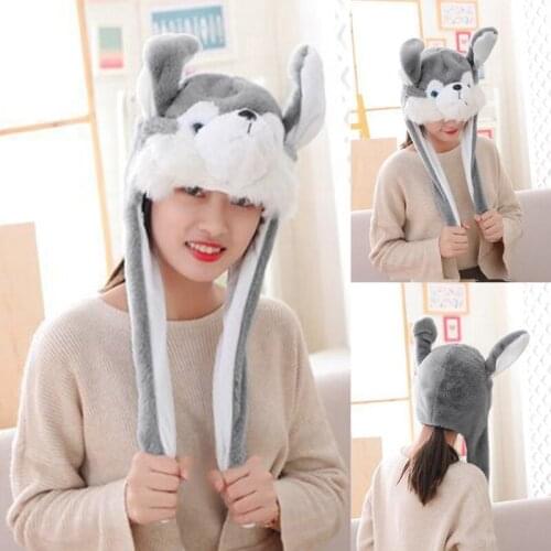 Light Up Husky Plush Animal Hat with Moving Ears Funny Puppy Dog LED Glowing Earflap Cap Stuffed Toys Cosplay Photo Prop