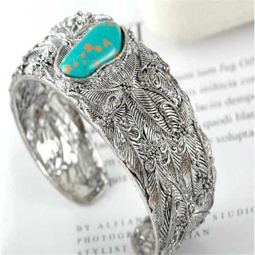 Tibetan Silver Boho Stone Wide Women Bangle Carved Retro Open Size Tibetan Bracelet