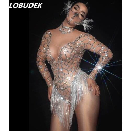 Latin DJ Pole Dance Rhinestones Tassel Bodysuit Nude Mesh Crystals Long Sleeve Stretch Bodysuits Stage Wear Nightclub Costumes