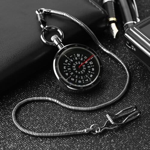 Vintage Black Turntable Numbers Display Pocket Watch Fob Chain New Fashion Quartz Pendant Clock Gifts for Men Women reloj
