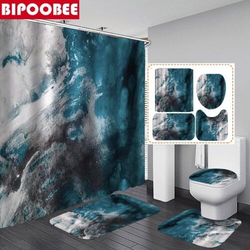 High Quality Marble Shower Curtain Stone Pattern Bath Mat Toilet Lid Cover Pedestal Carpet Polyester Fabric Bathroom Curtains