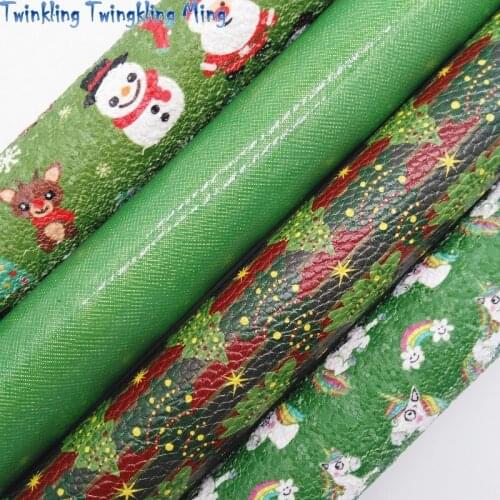 Green Christmas Glitter leather, Snowman Christmas Tree and Unicorn Printed Glitter Fabric For Bow 21x29CM Twinkling Ming KM308
