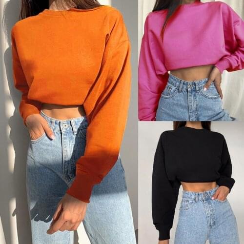 Women Long Sleeve O-Neck Sweatshirt Bright Solid Color Oversized Loose Crop Top 649C