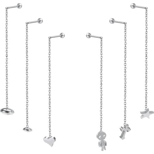 Stainless Steel Drop Earring Women Long Chain Hanging Earrings Tassel Cartilage Dangle Earring Satr Heart Skull Cross Ear Stud