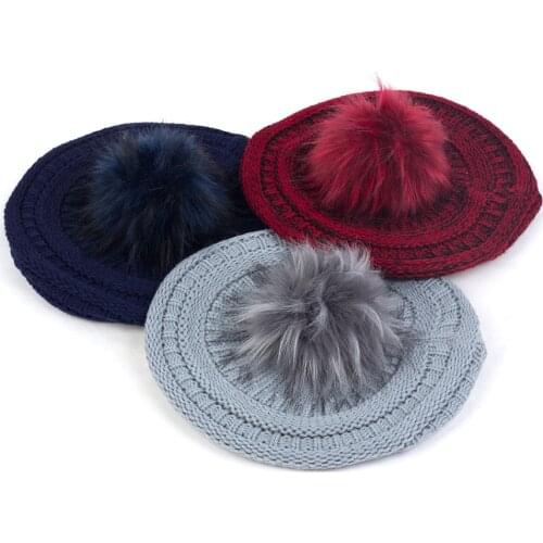 Women Knitted Berets Color Mixing Retro Winter Warm Hat With Faux Fur Pom Pom Thicken Fashion Ladies Hats With Hairball Caps