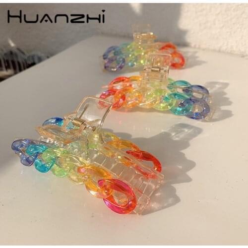 HUANZHI New Korean Transparent Rainbow Resin Chain Acetate Acrylic Summer Hair Clip Hair Accessories for Women Spring Travel
