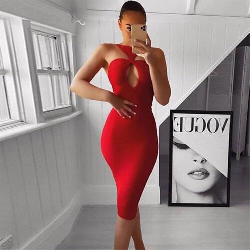 Celebrity bandage dress elegant halter hollow out knee length red bandage dress sexy woman bodycon dress night party dress