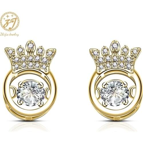 Zhijia top brand new trendy silver gold crystal rhinestone crown stud earrings for female dress party jewelry accessories