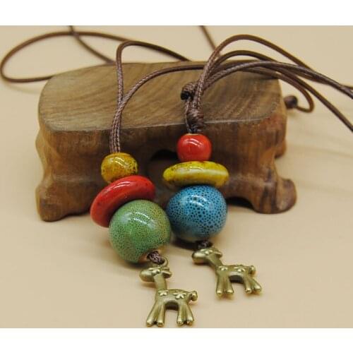 12 Pieces/Lot Charm Necklace Women Geometric Ceramic Beads Deer Elk Pendants Necklaces Ethnic Handmade Rope Knot Choker Jewelry