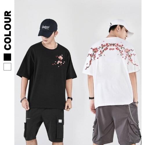 2021 Summer New Short Sleeve tshirt Men Sakura Embroidery Tops Harajuku Cotton Plus Size Mens Clothing Comfortable T-shirt