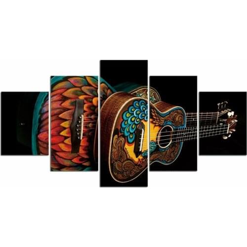 Abstract Peacock on Guitar 5 Pcs Modern Home Wall Decor Canvas Picture Art HD Print Painting On Canvas for Living Room No Framed
