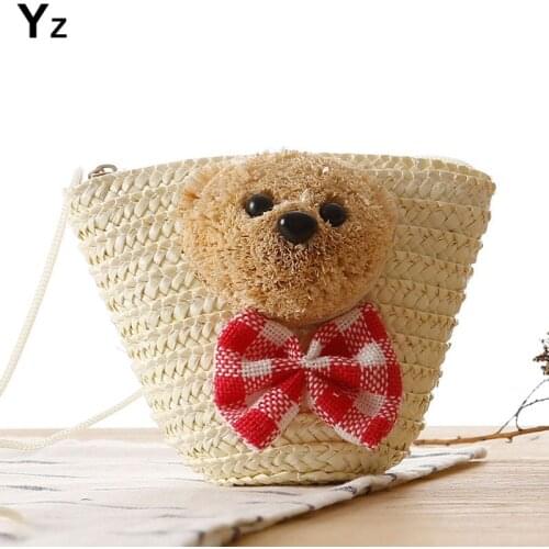 Aaby 2021 New Handmade Straw Bag For Kids Bear Cartoon Zipper Key Bags Childrens Lovely Mini Crossbody Bag