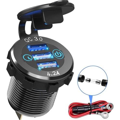 DIY Aluminum Car Charger QC 3.0/4.2A Triple USB Socket Touch Switch Waterproof for Car Boat Marine Truck Golf Cart RV Motorcycle
