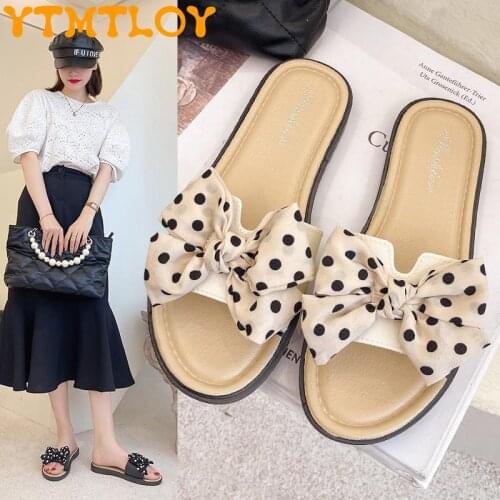 Free Shipping New Bow Slippers Female Outer Wear Korean Womens Shoes Flower Beach Shoes Sandals Female Net Red Flat Shoes