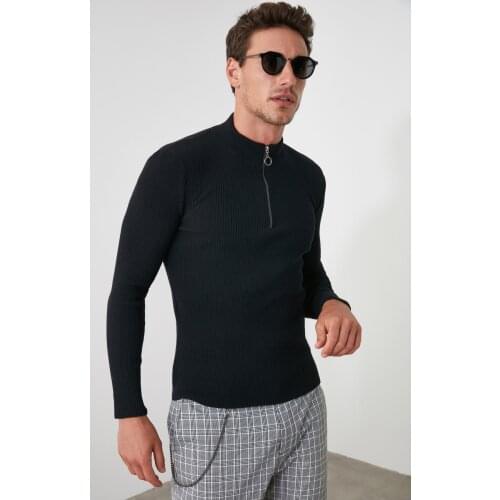 Black Mens Slim Fit Half Turtleneck Zipper Corduroy Sweater Mens Clothing