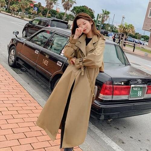Long Loose Female Trench Coat Spring Autumn Solid Color Lace Up Suit Collar Women Clothes Raglan Sleeves Skirt Type Windbreakers