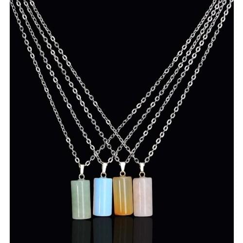 Pillar Shape Stone Necklace Simple Smooth Face Healing Crystal Quartz Pendant with Metal Chain 18Inch