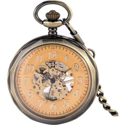 With Uncovered Arabic Numerals Gold Dial Bronze Mechanical Pocket Watch High Quality Thick Chain Pendant Clock Stylish Presents