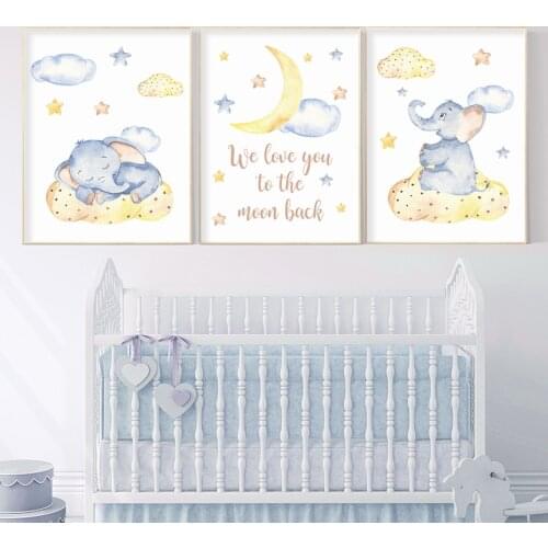 Cute Elephant Golden Moon Cloud Canvas Painting Nursery Wall Art Pictures Baby Bedroom Decoration Poster Decorations For Home