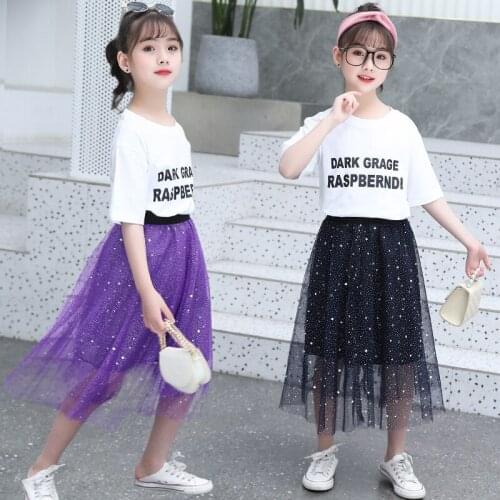 Fashion Summer Childrens Clothing Sets for Girls Cotton Letter Shirts + Skirts 2pcs Sets School Clothes Sets for Girls 3-12 Yrs