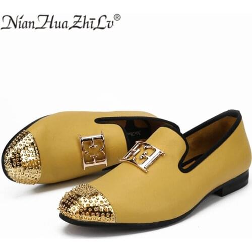 Men Leather Big Size Fashion men Casual Shoes Design Bright Face Buckle and Gold Metal Toe Men Driving Shoes Part Flats
