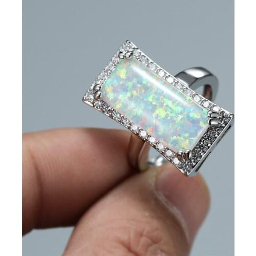 Big Rectangle Stone Engagement Ring Cute Female White Blue Fire Opal Ring Vintage Silver Color Wedding Rings For Women Jewelry