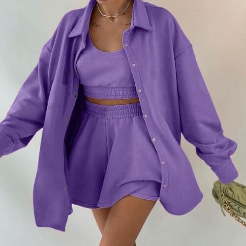 Solid Loose 3 Piece Short Set Casual Fashion Button Long Sleeve Coat Sleeveless Bra Elastic Waist Shorts Comfort Women Short Set