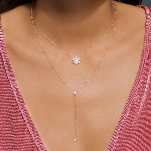 Gold color micro pave cz flower pendant necklace 41+5cm beautiful women fashion trendy jewelry