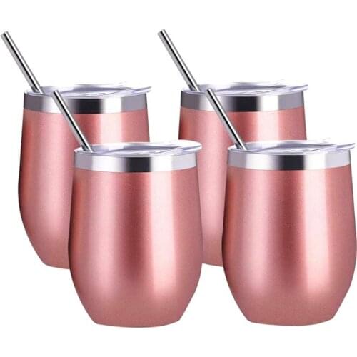 4 Pack 12 Oz Stainless Steel Stemless Wine Glass/Mug,with 4 Straws Insulated Thermal Wine Tumbler with Lids for Coffee