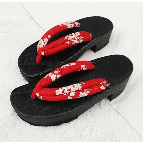 Womens Floral Prints Summer Flip Flops Black Painted Wood Mid Heel Sandals Beach Slippers Cosplay Shoes Classic Japan Geta