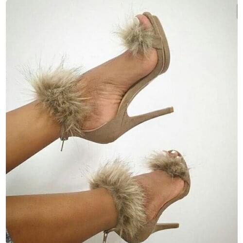 New arrival fur outside strap high heel sandals hot selling real picture summer sandals gray pink suede sandals size 35-42