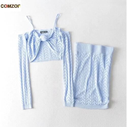 Hollow Out Women Crop Tops+Skirt Fashion Two Piece Set Knitting Clothing 2021 Summer Long Sleeve Tees Dress Suits Jupe Femme
