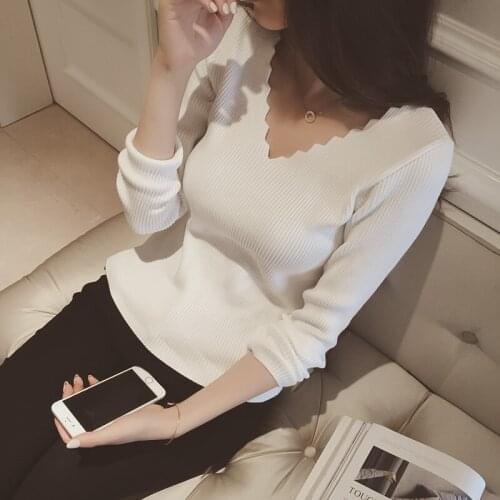Women Knitted Tops Slim Basic Shirt V-neck Solid Elegant Trendy Elastic Sweater Pullover