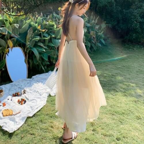 Sweet Apricot Holiday Summer Mesh Suspender Dress Sexy Sleeveless Backless Dress Women Beach Style Dress Princess Dresses 13232