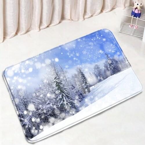 Winter Snow View Bathroom Mats Pine Forest Fir Tree Pattern Non-Slip Rugs Suede Home Decor Bath Kitchen Doorway Carpet Washable