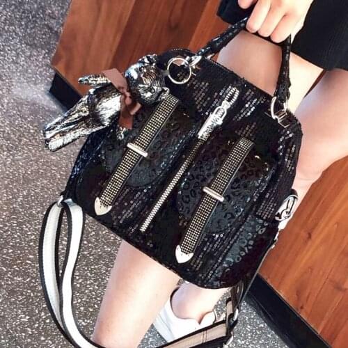 Black Sequines Ita Bag for Women Shoulder Crossbody Bolsos Bear Pendent Dual-use Handbag Tote Luxury Design Sac A Main