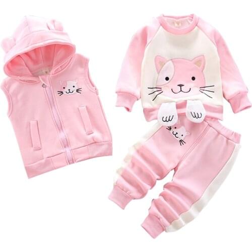 Kids Sports Suits 2020 Autumn Winter New Baby Girl Boy Suit Thicken Baby Set Cartoon Kitten 3ps Childrens Clothing 0 To 6 Years