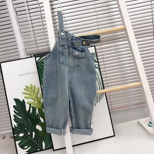 Kids Overalls 2021 Spring New Korean Baby Denim One-piece Casual Loose Solid Pockets Denim Jumpsuits For Girls Boys 2-7 Years