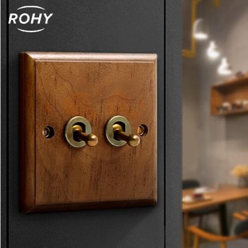 Brass switch,220V 10A vintage toggle wallpad switch wood panel 1/2/3/4Gang 2Way brass wrench Switch Retro style LightSwitch 86mm