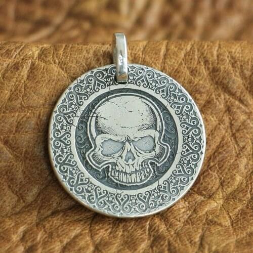 LINSION Engraved High Details 999 Pure Silver Skull Mens Biker Punk Pendant 9X305 Just Pendant