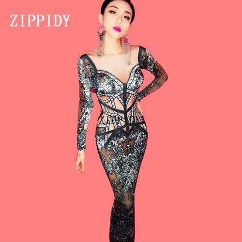 Fashion Sparkly Women Dyeing Black Dress Rhinestones Cheongsam Stretch Dress Evening Wear Womens Prom Birthday Celebrate