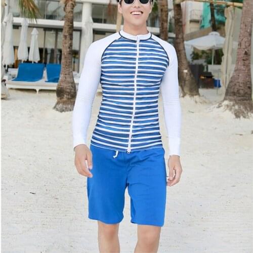 2-piece Set Mens Rashguards Swimwear Zipper Rash Guard Long Sleeve UV Protection Quick-dry Striped Surf Dive Suit Beachwear