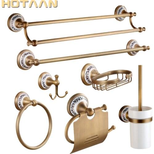 Antique Brushed Solid Brass Bathroom Accessories Sets European Porcelain Bathroom Hardware Sets Ceramic Retro Bathroom Products