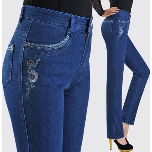 New Fashion Casual Jeans Women High Waist Trousers Plus Size Straight Pants Female Embroidery Elasticity Denim Pants