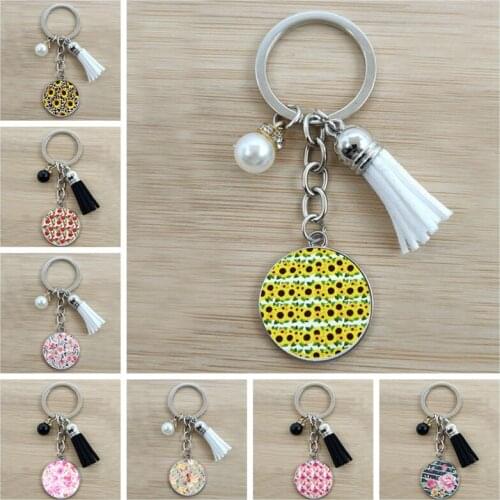 New Sunflower, Chrysanthemum, Rose Printed Pattern Keychain Glass Cabochon Pendant Keychain Car Bag Jewelry