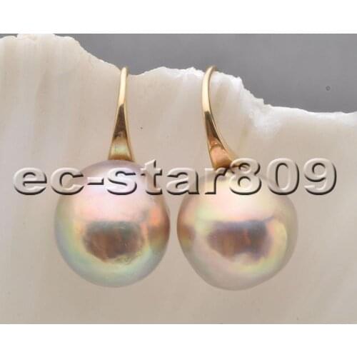 P6872 Rare 14mm Peacock-Lavender Edison Pearl Earring 14K Solidd-Gold Women Fine Jewelry