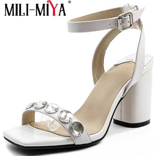 MILI-MIYA Summer Fashion Rhinestone Gladiator Ankle Wrap Sandals Genuine Leather Women Square High Heel Open-Toe Party Shoes