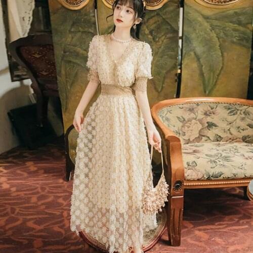 Sexy V-neck Small Daisy Lace Dress 2021 Summer New Embroidery Mesh Three-Dimensional Flower Fairy Princess Dress