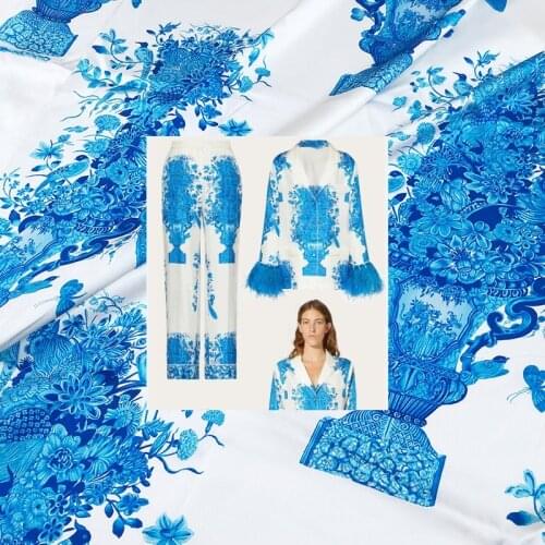 Blue Vase V Brand Stretch Satin Digital Printing Polyester Fabric for Dress Womens Clothing Design Sewing Material by The Yard